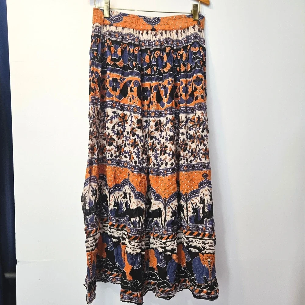 Vintage Semi-sheer Elephant Print Boho Maxi Skirt Orange Blue Black‎ White India